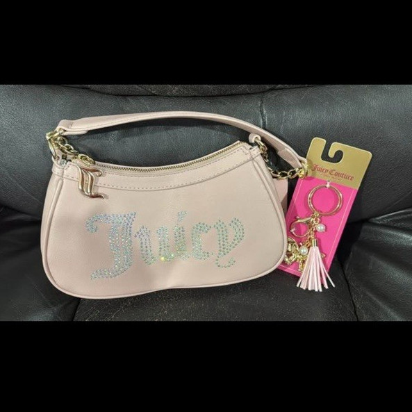 Juicy Couture Obsession Shoulder Bag Dusty Blush Rhinestone Logo Zip Charm