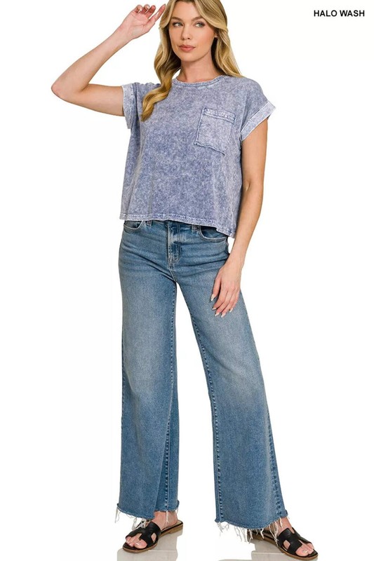 Zenana Halo Snow Washed Cotton Cuffed Short Sleeve Top gallery