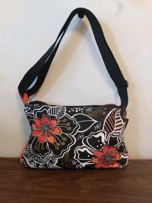 Laurel Burch Black & Orange Floral Cotton Canvas Crossbody Purse