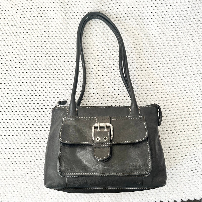 Fossil Vintage Y2K Black Faux Leather Boxy Front Flap Buckle Pocket Shoulder Bag