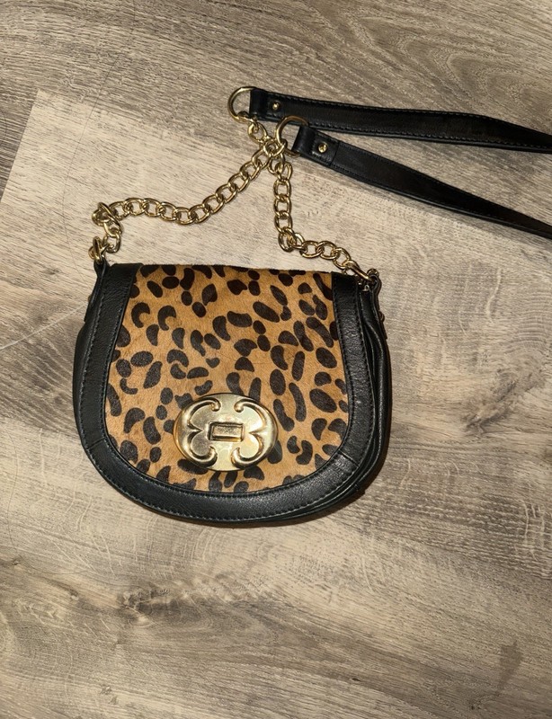 Emma Fox Leopard Print Leather Crossbody Bag Gold Hardware