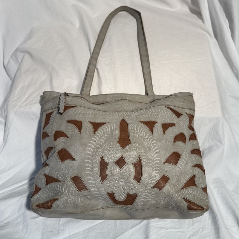 Vintage Leaders in Leather Gray & Brown Classic Cutout Tote Handcrafted