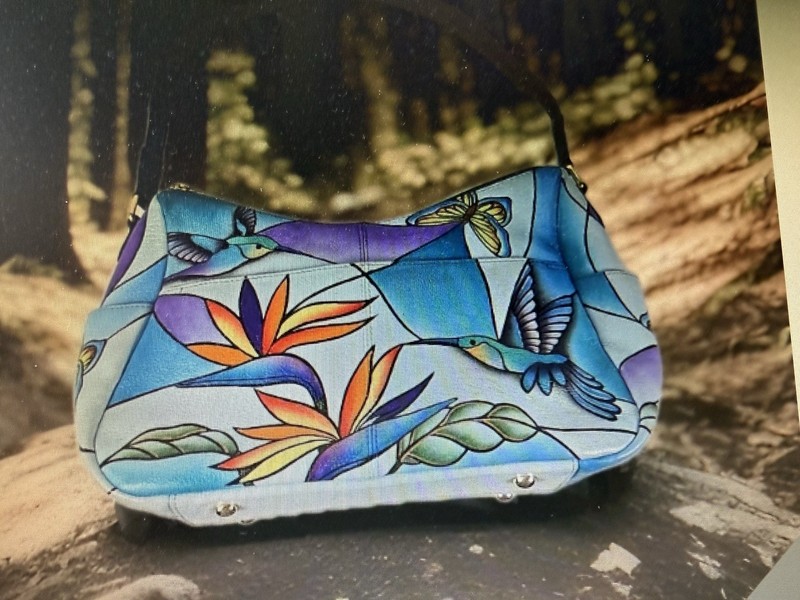 NWOT – Anuschka Hand Painted Twin Top East West Hummingbird Blue Glass Hobo Bag