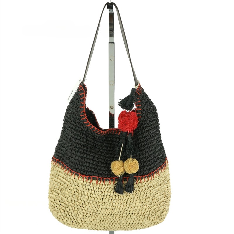SONOMA Women’s NATURAL, RED & BLACK STRAW HANDBAG TOTE Brown Handle POM & TASSEL