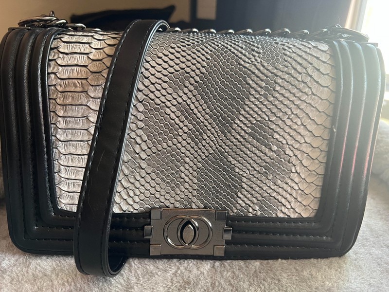 Snake Embossed Square Chain Shoulder Bag Purse Grey Black