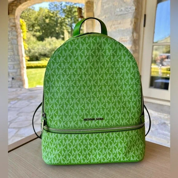Michael Kors Rhea Women Medium Zip Backpack /Trifold Wallet Jungle Green NWT