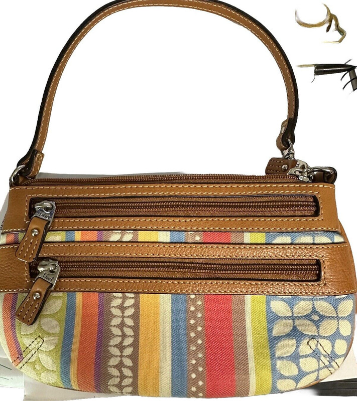 Fossil Women’s Multi Colored Striped Canvas Purse Single Leather Strap 9X5 in