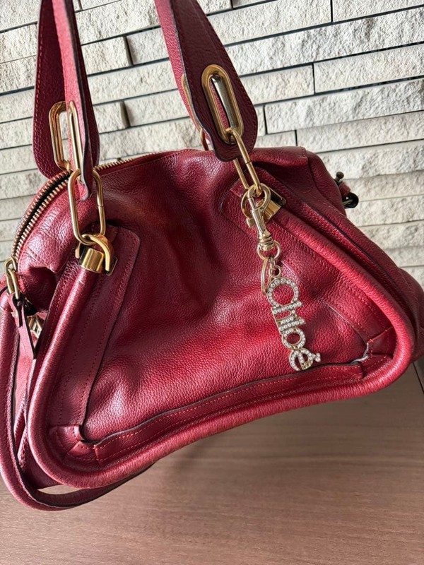 Chloe Paraty 2WAY Leather Shoulder Bag Red Logo Charm Strap Handle Auth