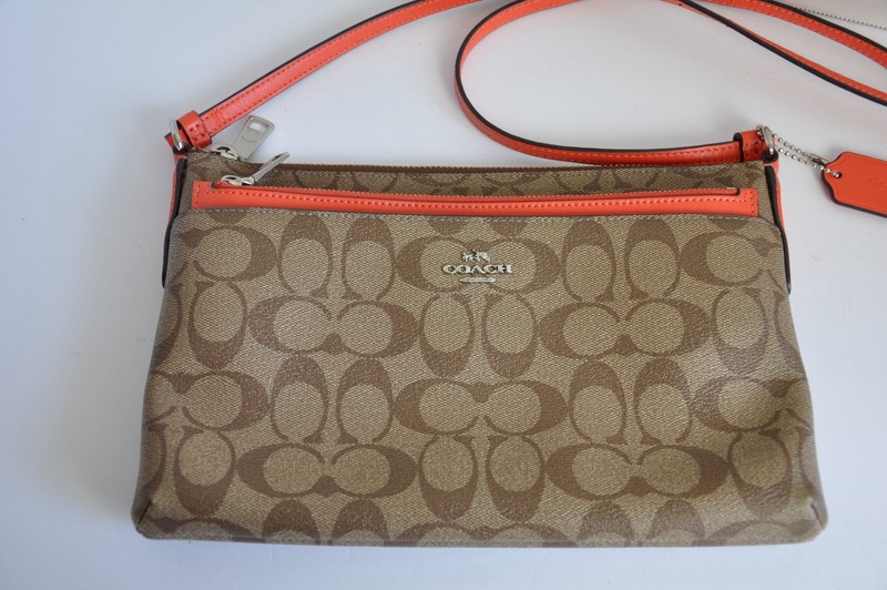 Coach East West Crossbody Khaki Bag Orange Pop-Up Pouch Accents Zip Close READ