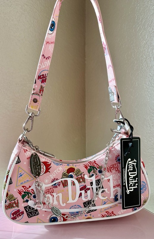 NWT Von Dutch Pink Jax Shoulder Bag Purse Y2K Graphic Print Chain Charm Mini Bag
