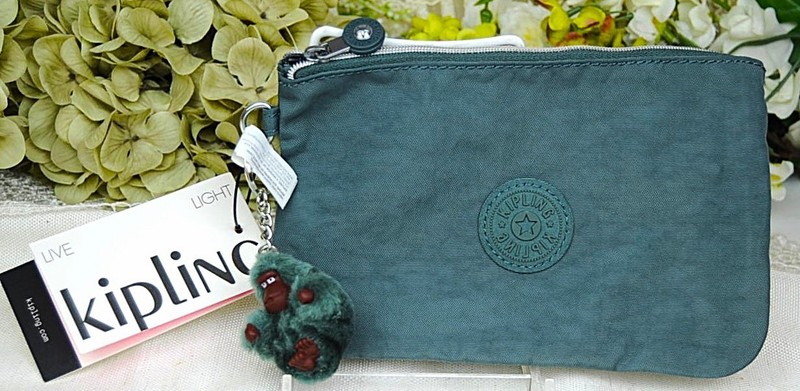 Kipling LIGHT Large Zip Pouch Wallet Makeup Bag LIGHT ALOE W/MONKEY