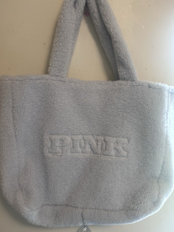 PINK Light Blue Shearling Embroidered Zip Closure Tote Bag Large Shoulder