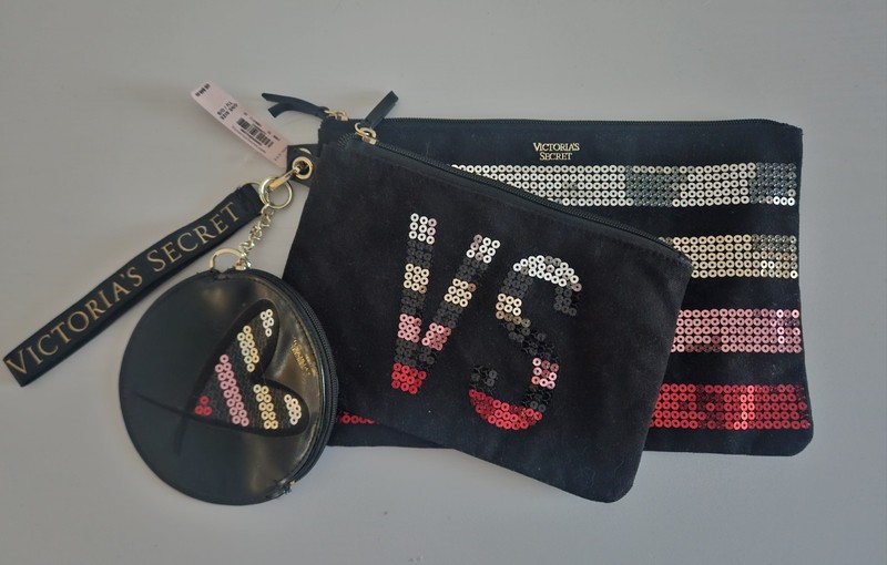 Victoria’s Secret 3-Piece Makeup Bag Set Black Pink Sequin Y2K Heart Pouch NWT