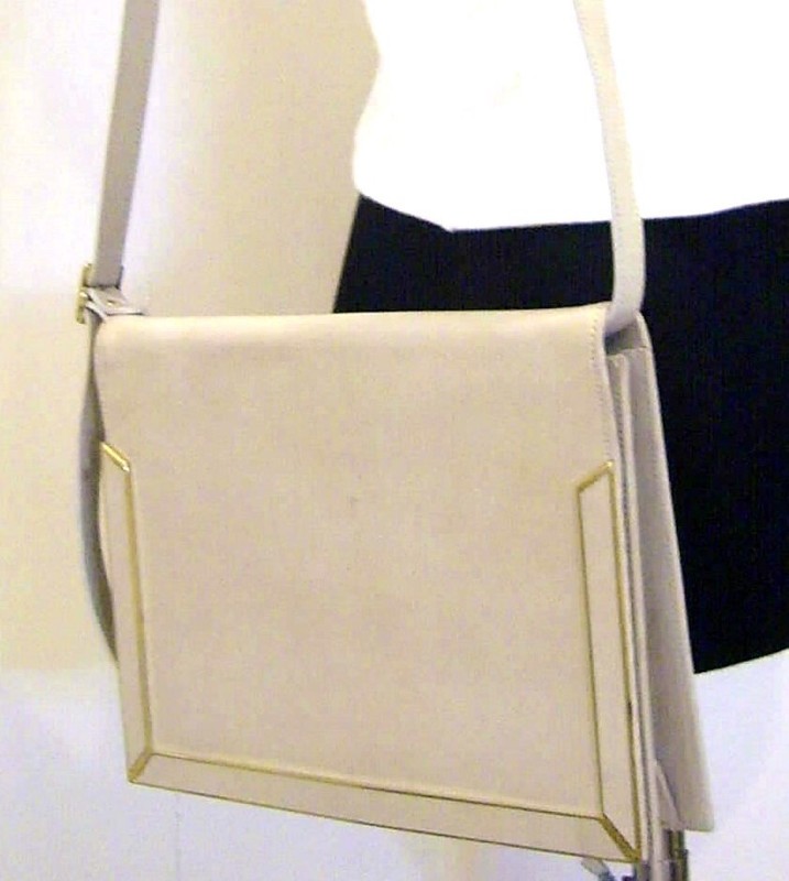 Vtg ESCADA Pinstripe SAND Satin Canvas Flap Shoulder Crossbody Bag Clutch Purse