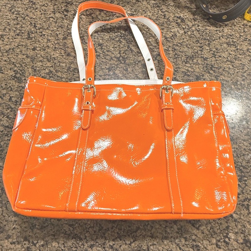 Matrix Orange Patent Faux Leather Tote Bag Glossy Shoulder Bag with White Trim