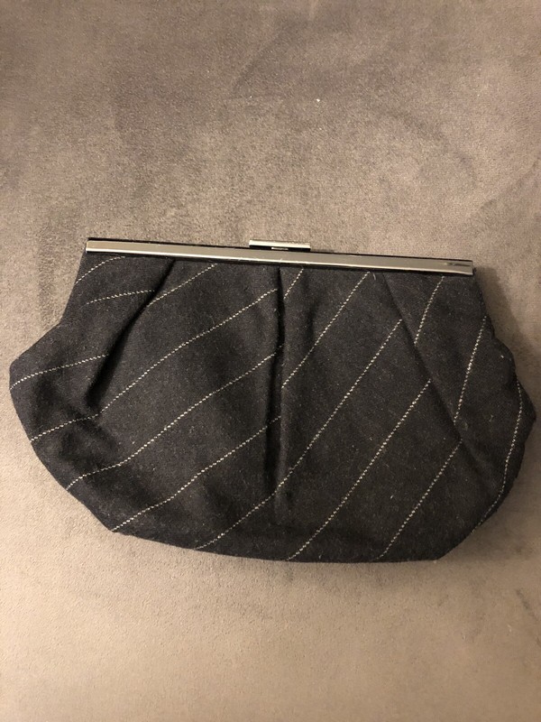 Elegant pinstripe grey wool Banana Republic clutch w/satin lining, silver clasp