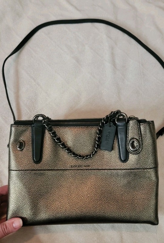 COACH F33619 Mini Turnlock Borough Bag w/ Chain, Metallic Leather Shoulder Purse