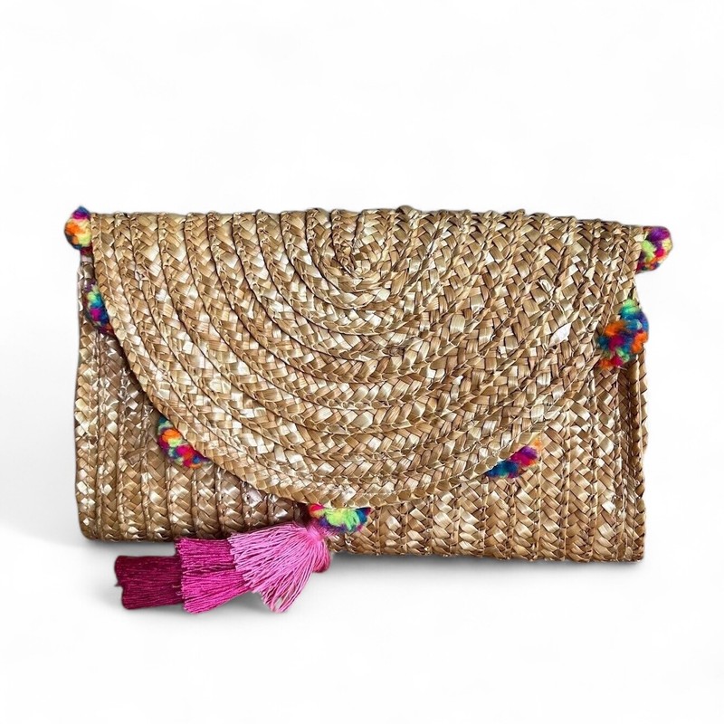 Women’s Woven Wheat Straw Pom Pom Clutch Handbag Purse