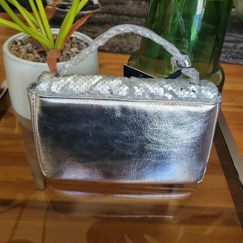 Nicole Miller Silver Sequin Handbag Chevron Quilted Crossbody Purse Evening Bag gallery