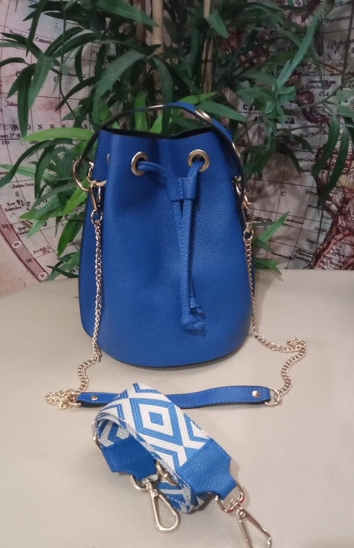 Genuine Leather Bag Ladies Girls Bucket Royal Blue With Shoulder Strap Mis Media gallery