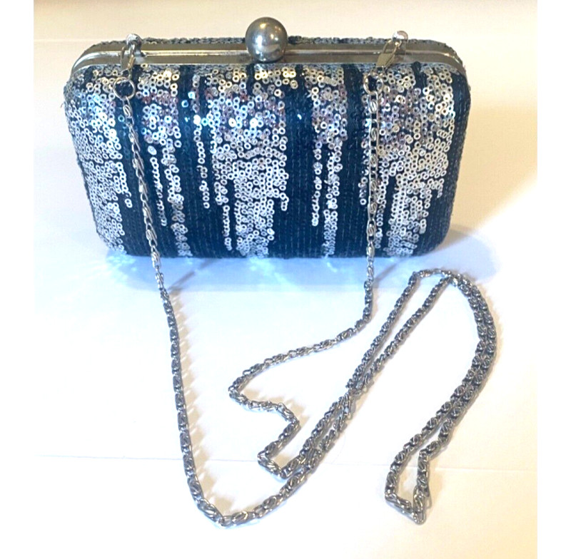 Tasha Silver Evening Clutch Coctail Hard Shell Black Sequins Icicles Purse