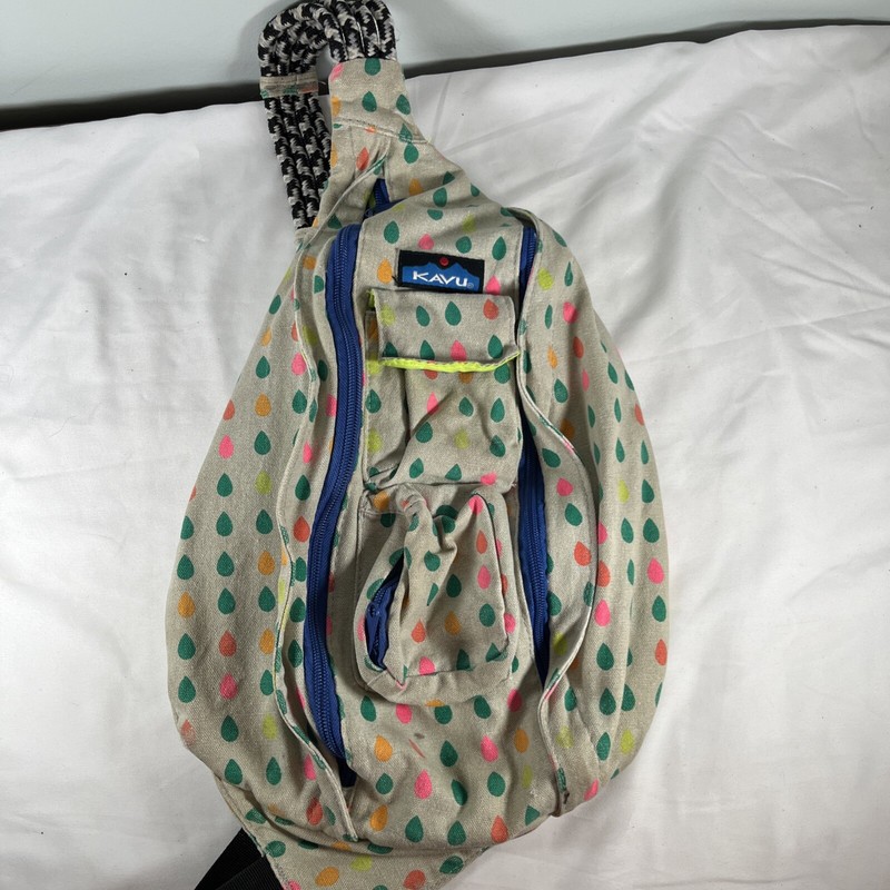 KAVU Rope Sling Backpack Crossbody Canvas Bag Beige Retro Rainbow Raindrops