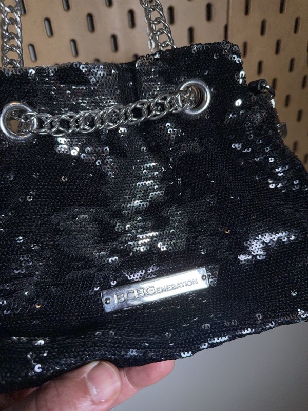 BCBGeneration Black Sequin Small Shoulder Bag Chain Strap Detachable Snap gallery