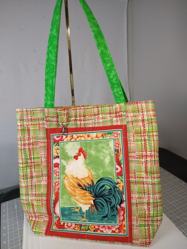 25% SALE Rooster Quilted Cotton Lined Tote, Zipper & 3 pockets, Snap, 14 x 14 x4