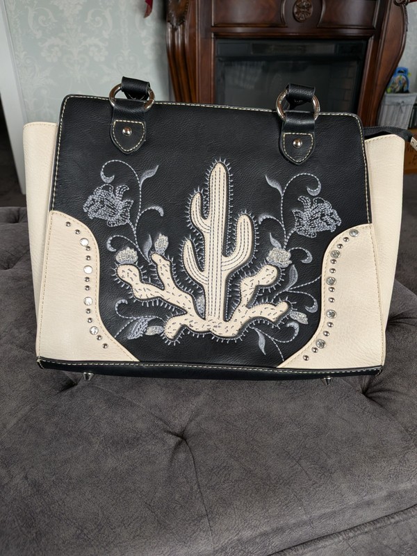 Montana West Black/Beige Cactus Floral Studded Satchel Zip, Pockets Lined
