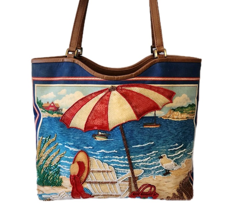 ISABELLA FIORE RARE CAPE COD HARBOR EMBELLISHED APPLIQUE MULTIMEDIA TOTE $495