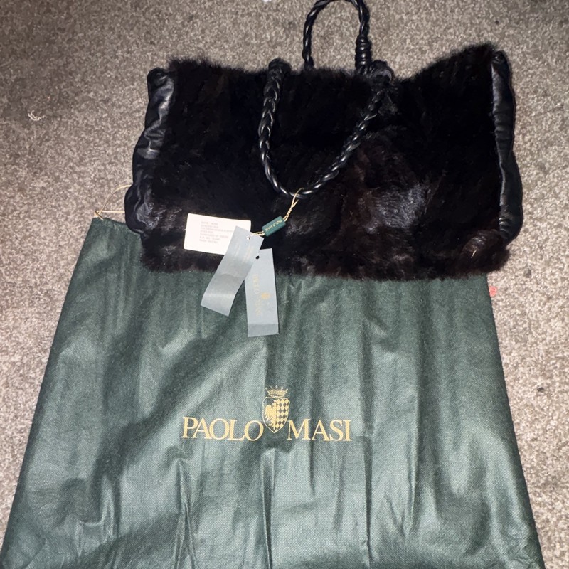Paolo Masi Black Tote Handbag Mink Fur Trim Zip/Magnetic Pockets Dust Bag