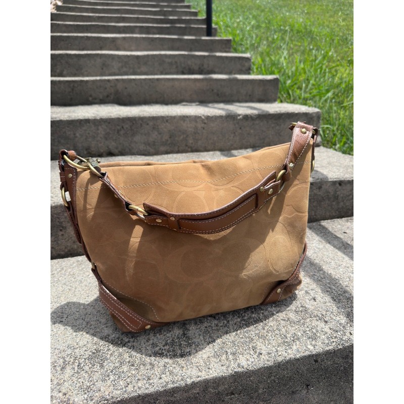 Coach Vintage Tan Signature Embossed Suede Hobo Bag Brown Leather Trim Brass