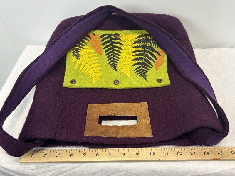 NEW! Fibers Of Life Wool Felted Bag Purple Ferns Detachable Crossbody Strap Purs gallery