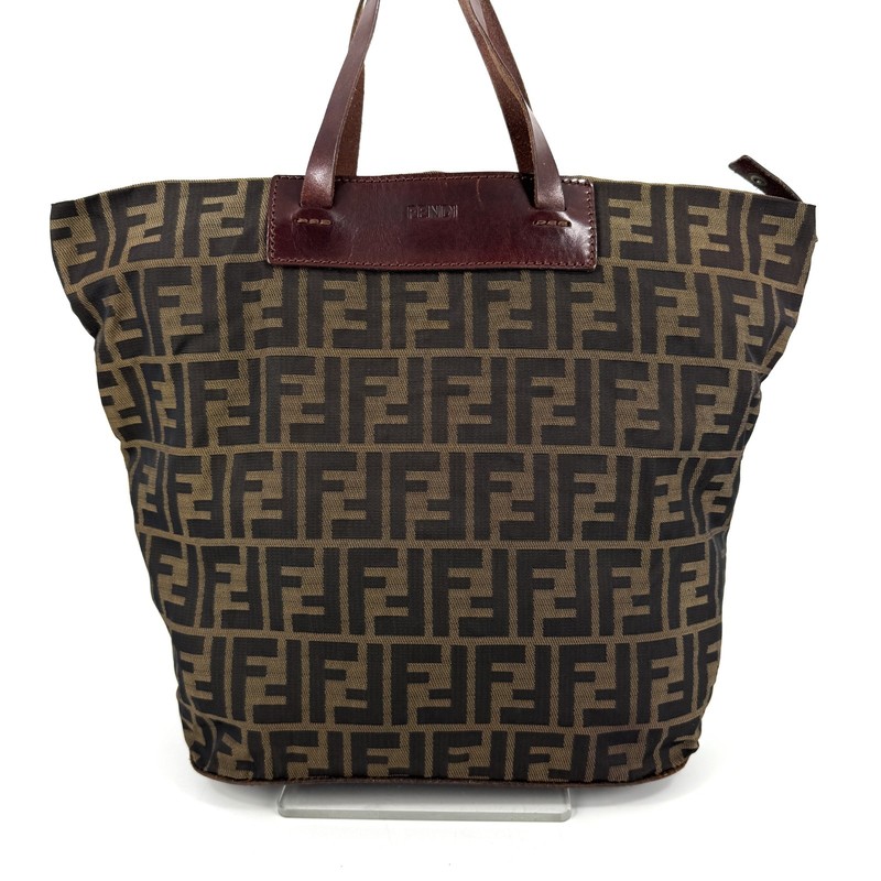 FENDI Zucca Pattern FF Tote Bag Nylon Leather Brown Authentic