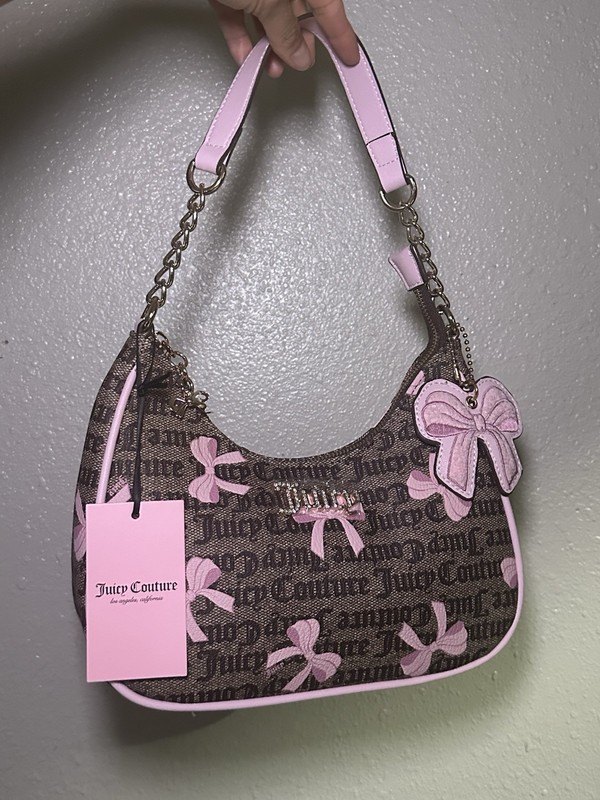 NWT Juicy Couture Logo Bow Shoulder Bag Brown Pink Chain Strap Charm Zip