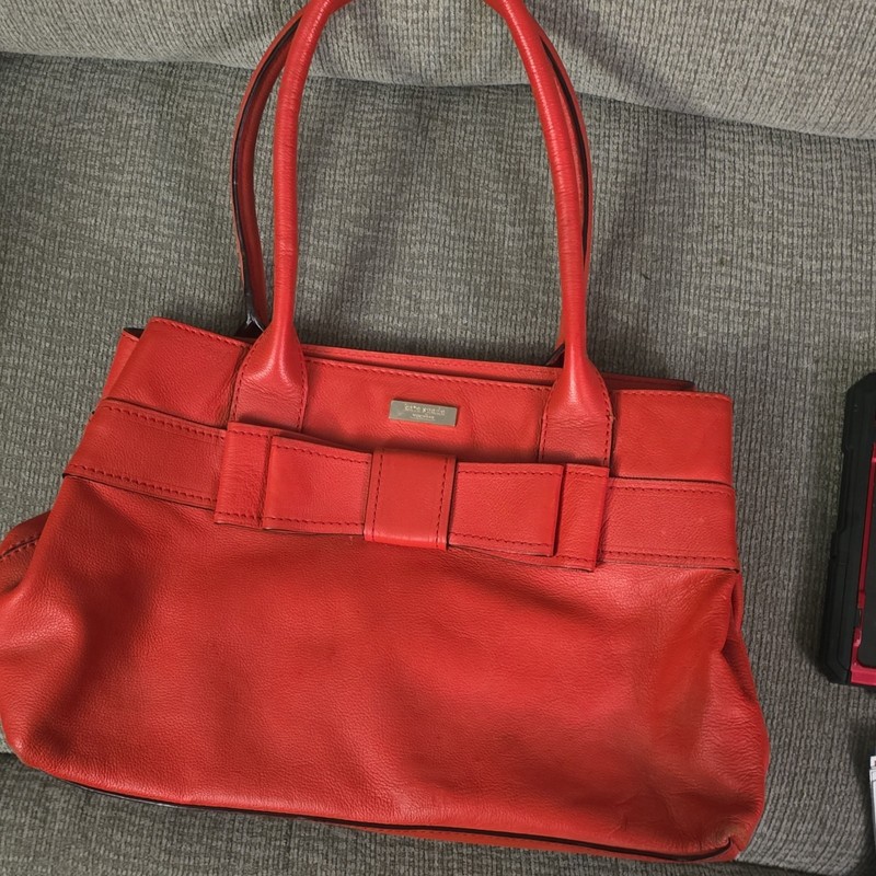 kate spade new york Red Pebbled Bow Satchel Top Handle Zip Gold Polka Dot