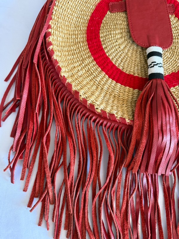 WOVEN SISAL BAG RED LEATHER FRINGE DOUBLE HANDLES BEADED TASSEL ROUND 14"x13" gallery