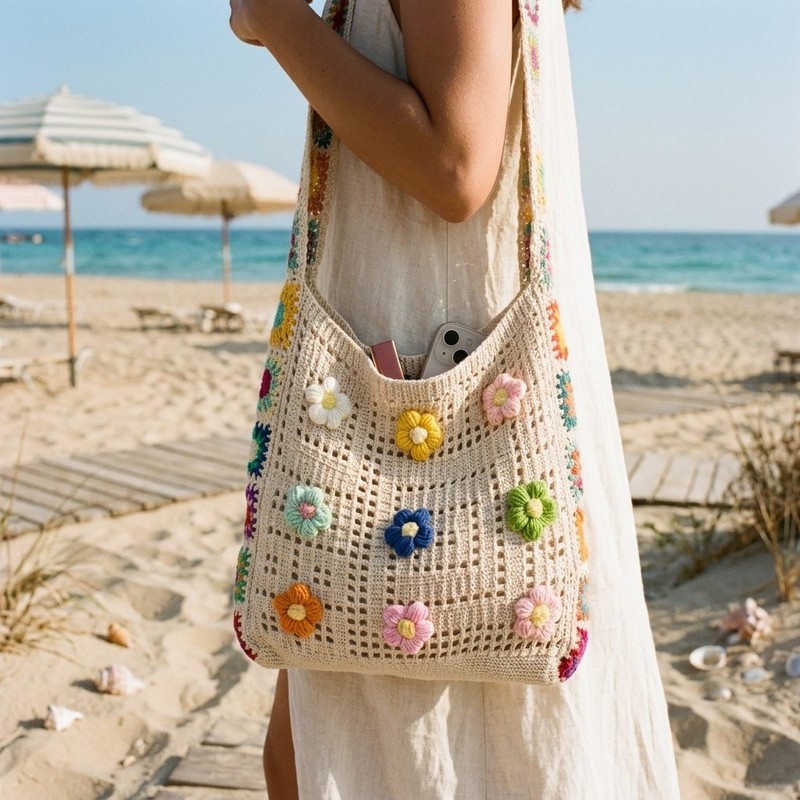 Women Crochet Tote Bag Cute Flower Beige Boho Crossbody Bag for Daily Leisure gallery