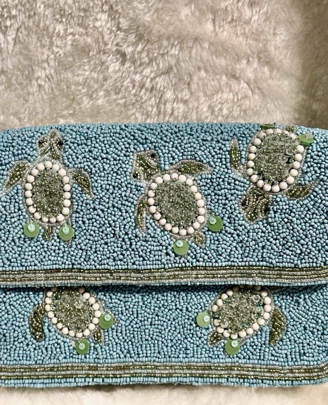 Handcrafted In India Sea Turtle Beaded Shoulder Bag Blue Viral NEW NWT gallery