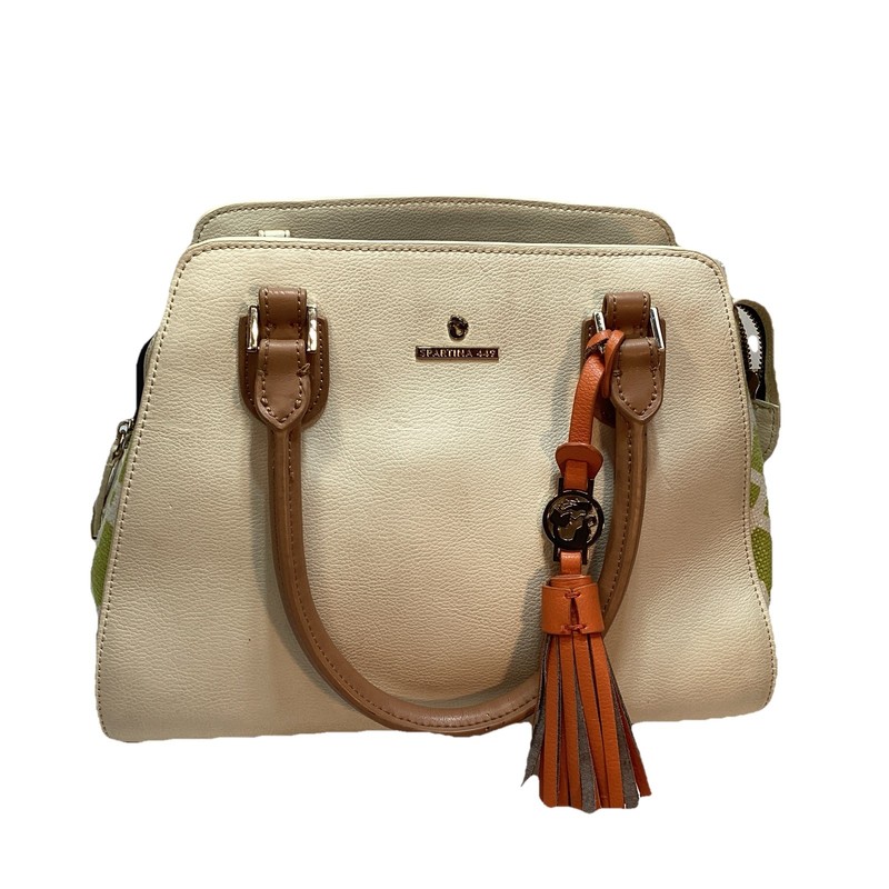 Spartina Leather Purse Off White, Brown Double Handles Green Canvas Side Tassel