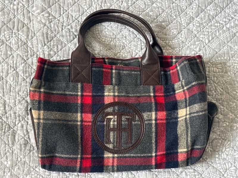 Tommy Hilfiger Plaid Wool Blend Tote Bag Brown Red Large Handbag