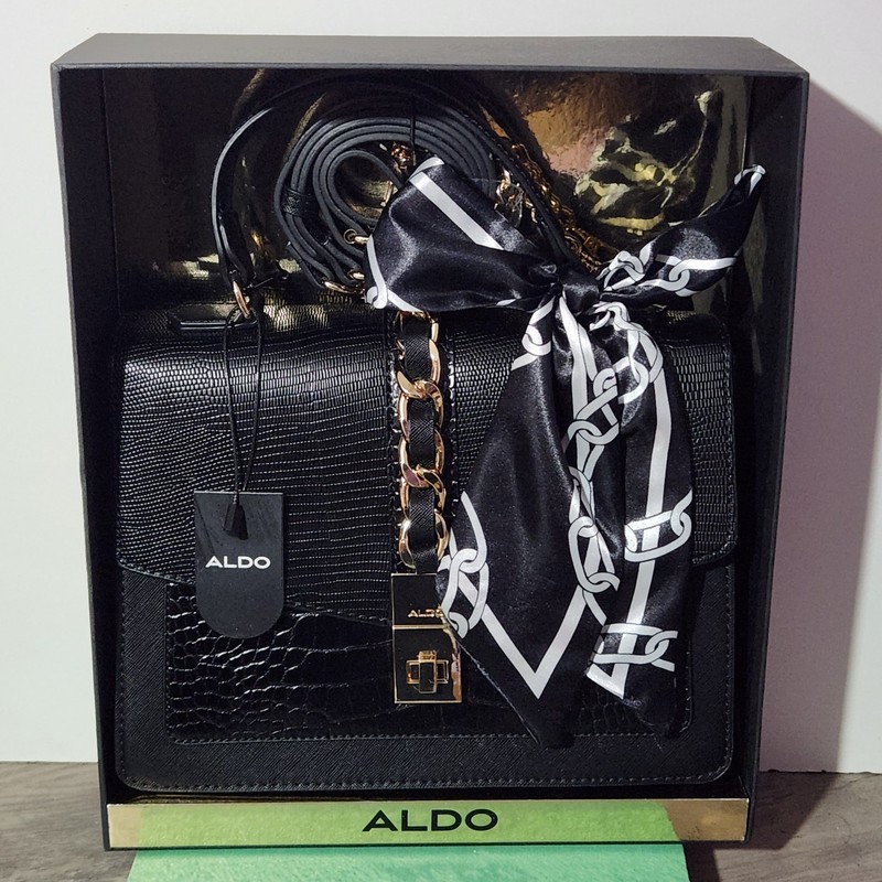 NWT in Original Box Aldo Dallannaax Black Crossbody Handbag Purse Scarf Accent