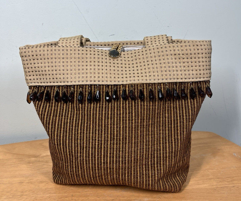 Small Pinstripe Tan & Brown Teardrop Rhinestone Tassel Fringe Tote Bag Bohemian