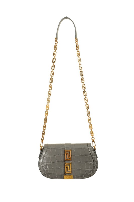 Versace Women’s Gray Croc Print Leather Greca Goddess Handbag Shoulder Bag