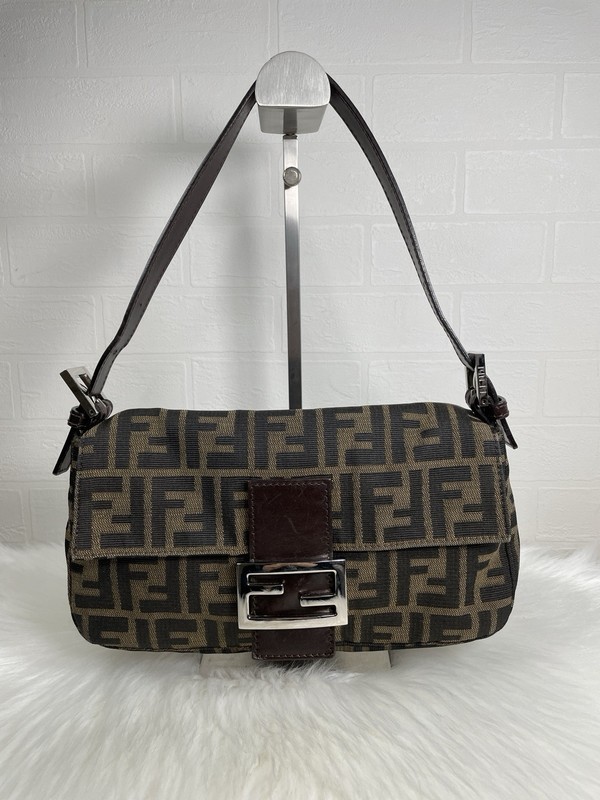 Fendi Mamma Baguette Zucca Canvas Leather Should Bag Authen