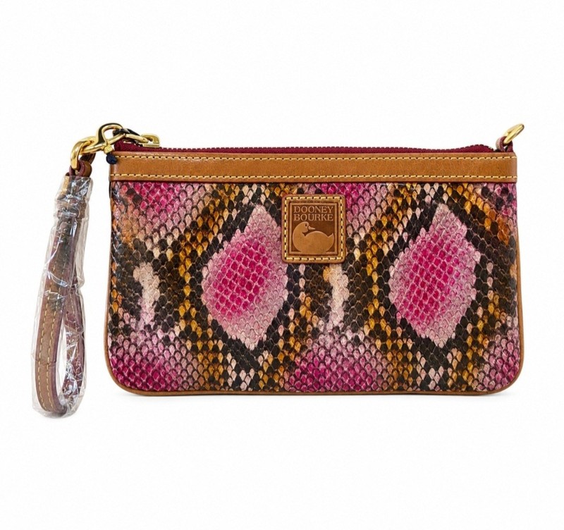 NWT Dooney & Bourke Pink Python Snake Leather Large Slim Wristlet Clutch Rare