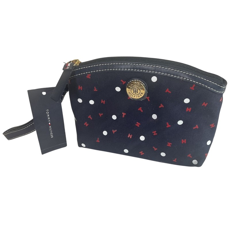 NWT Tommy Hilfiger Navy Cosmetic Bag Wristlet Polka Dot Logo Print Zip Pouch