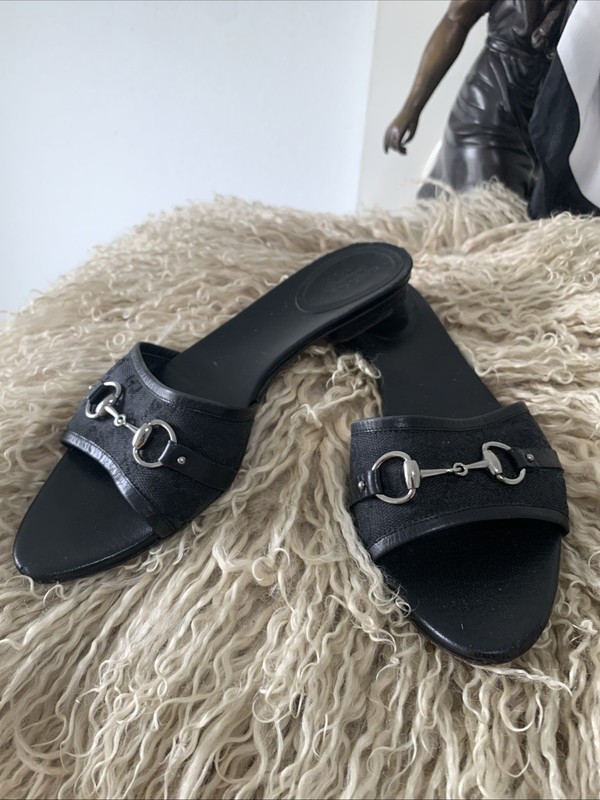 Gucci Italy 71/2 B Black Leather Canvas Logo Buckle Flats Shoes Women’s