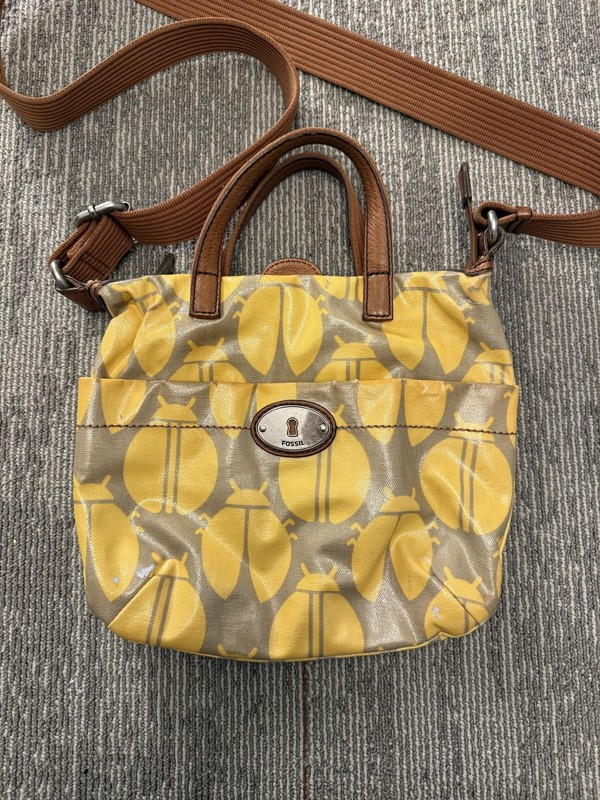 Fossil Crossbody Bag Womens Gray Yellow Beetle Print Coated Canvas Leather Trim