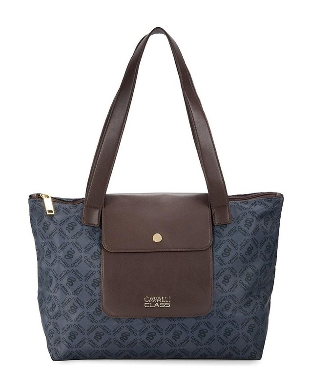 Cavalli Class Large Weekend Tote Bag Gray Nylon Logo Brown Vegan Leather